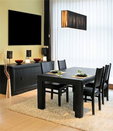 simsearch:400-04196177,k - Modern dinning room with black table and closet Foto de stock - Super Valor sin royalties y Suscripción, Código: 400-03994360