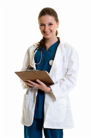 simsearch:400-05172792,k - Female attractive doctor wearing white lab coat holding a clipboard with a stethoscope around shoulders smiling standing on white background Foto de stock - Royalty-Free Super Valor e Assinatura, Número: 400-03994897