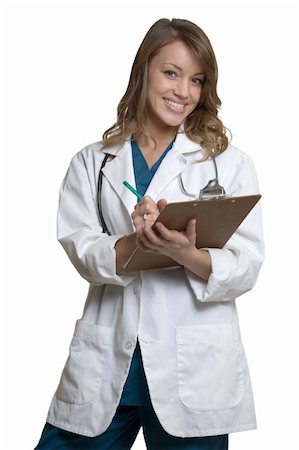 simsearch:400-05172792,k - Female attractive doctor wearing white lab coat holding a clipboard with a stethoscope around shoulders smiling standing on white background Foto de stock - Royalty-Free Super Valor e Assinatura, Número: 400-03994922