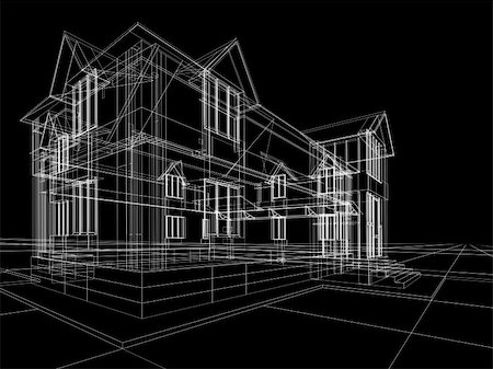 simsearch:400-04709640,k - 3D rendering wire-frame of house. Black background. Stock Photo - Budget Royalty-Free & Subscription, Code: 400-03995268