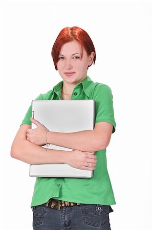 Redheaded girl student hugging her laptop.Shot with Canon 70-200mm f/2.8L IS USM Stock Photo - Budget Royalty-Free & Subscription, Code: 400-03995377