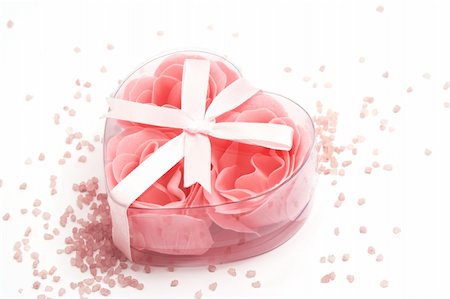 Valentine's day gift - soap foam roses in a heart-shaped box and bath salt. Stock Photo - Budget Royalty-Free & Subscription, Code: 400-03995546