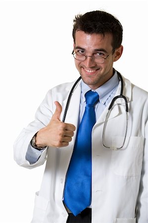 simsearch:400-04217553,k - Young attractive man doctor wearing white lab coat holding thumb up wearing a stethoscope around shoulders smiling standing on white background Foto de stock - Royalty-Free Super Valor e Assinatura, Número: 400-03995585