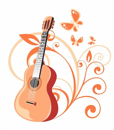 Guitar and vegetative pattern on a white background. Digital illustration. Stock Photo - Budget Royalty-Free & Subscription, Code: 400-03995660