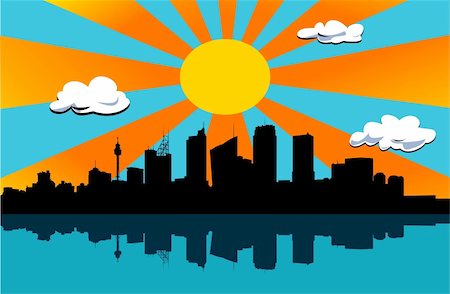 black city scape silhouette, big sun with orange rays in background Stock Photo - Budget Royalty-Free & Subscription, Code: 400-03996456