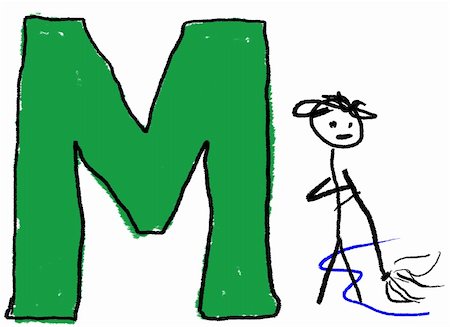 A childlike drawing of the letter M, with a stick man and a Mop Stock Photo - Budget Royalty-Free & Subscription, Code: 400-03996818