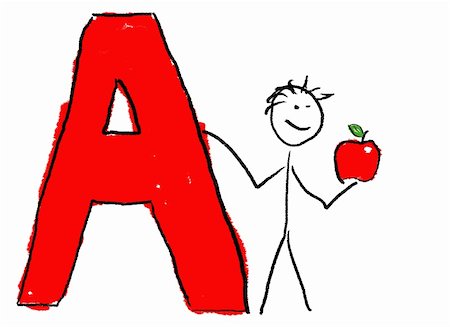 A childlike drawing of the letter A, with a stick person holding an Apple Photographie de stock - Aubaine LD & Abonnement, Code: 400-03996812