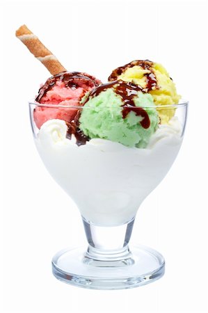 simsearch:400-04713676,k - Delicious multi flavor ice cream with chocolate syrup in glass bowl isolated on white background. Shallow DOF Foto de stock - Super Valor sin royalties y Suscripción, Código: 400-03997109