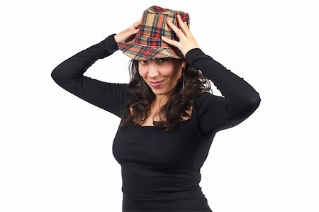 simsearch:400-04736573,k - Portrait of a smiling casual woman with hat, over a white background Photographie de stock - Aubaine LD & Abonnement, Code: 400-03990954