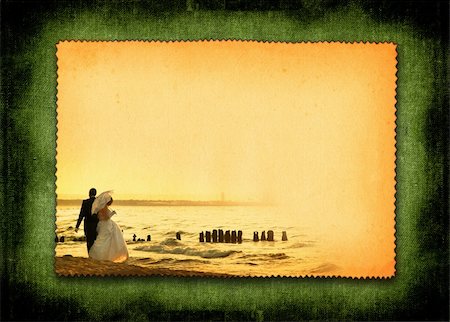 evening dress on beach - retro postcard with just married couple during beach stroll, large copy space for your content, photo inside is my property Stock Photo - Budget Royalty-Free & Subscription, Code: 400-03991305