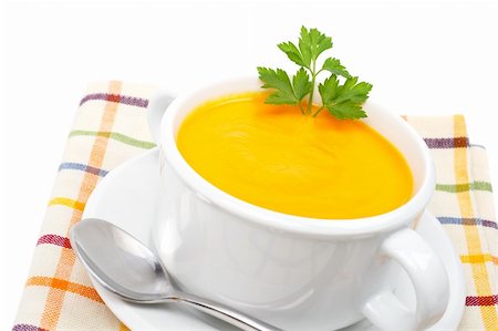 simsearch:400-05688681,k - Carrots puree and parsley on white cup with spoon over squared mat. Shallow DOF Foto de stock - Super Valor sin royalties y Suscripción, Código: 400-03991941