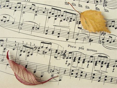 old sheet of musical symbols with colorful autumnal leaves Stock Photo - Budget Royalty-Free & Subscription, Code: 400-03993628