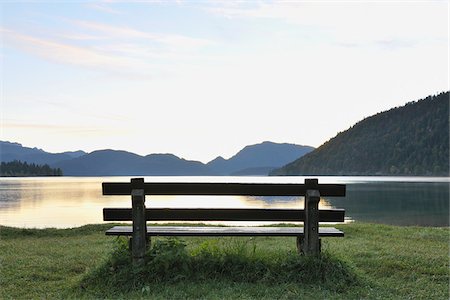 Bench by Lake, Einsiedeln, Walchensee, Bavaria, Germany Stock Photo - Premium Royalty-Free, Code: 600-04424945