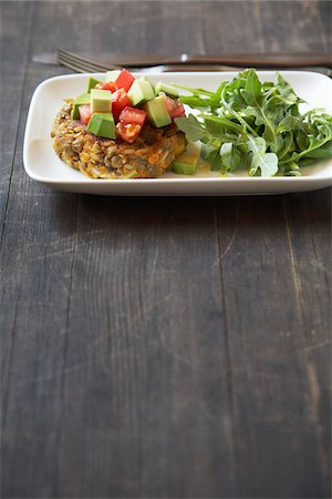 fork (cutlery) - Lentil Patty with Avocado, Tomato, and Arugula Stock Photo - Premium Royalty-Free, Code: 600-05524116
