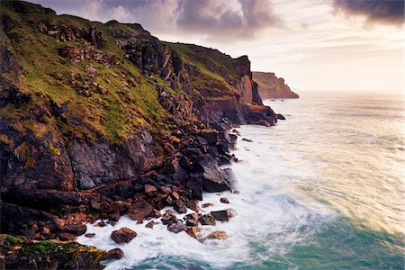 rocky coast - Waves Breaking below Rugged Sea Cliffs, Rumps Point, Cornwall, England Stock Photo - Premium Royalty-Free, Code: 600-05803648