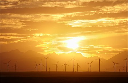 Sunset and Wind Turbines, Pincher Creek, Alberta, Canada Foto de stock - Sin royalties Premium, Código: 600-05973204