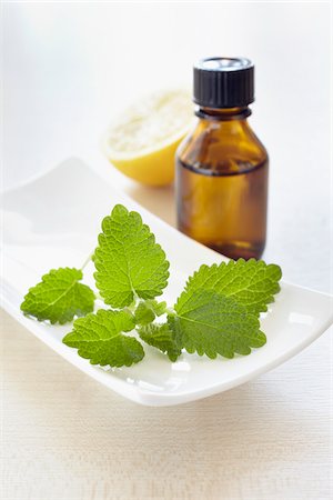 simsearch:600-06674998,k - Lemon balm, herbs, lemon and bottle of aromatic oil for aromatherapy Stock Photo - Premium Royalty-Free, Code: 600-06674988