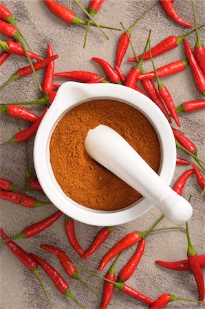 Overhead View of Hot Red Peppers and Ground Peppers in Mortar and Pestle Fotografie stock - Premium Royalty-Free, Codice: 600-06671818