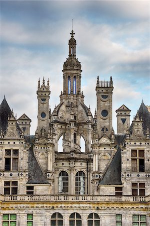 front and centre - Close up of towers at Chambord Castle (Chateau de Chambord). UNESCO World Heritage Site. Chambord, Loir-et-Cher, Loire Valley, France. Stock Photo - Premium Royalty-Free, Code: 600-06732615