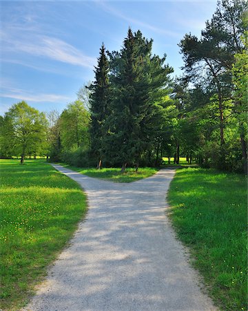 european roads not people not lifestyle not illustration - Forked Pathway with Meadow in Spring, Aschaffenburg, Bavaria, Germany Stock Photo - Premium Royalty-Free, Code: 600-06758228