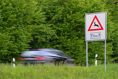 side of the road - Danger sign, Wild animals crossing, Spessart, Bavaria, Germany, Europe Stock Photo - Premium Royalty-Free, Code: 600-06841691