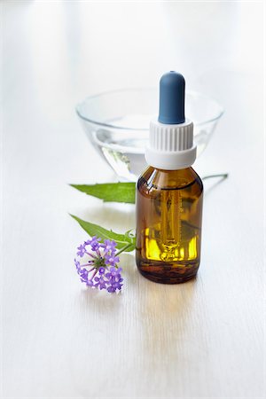 remedy - Still life of Bach flowers (Vervain), medicine bottle and bowl of water, Germany Stock Photo - Premium Royalty-Free, Code: 600-06899782