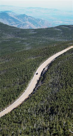 evergreens in forest - Aerial view of access road leading up to Whiteface Mountain, Adirondacks, New York, USA Stock Photo - Premium Royalty-Free, Code: 600-07122850