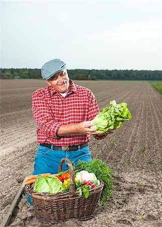 Farmer kneeling in field with basket of fresh vegetables, smiling and looking at lettuce, Hesse, Germany Stock Photo - Premium Royalty-Free, Code: 600-07148224