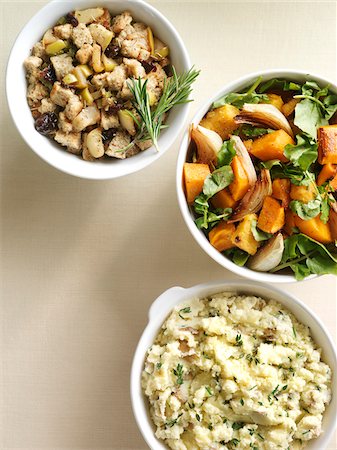dinner - Overhead View of Side Dishes of Squash, Potatoes and Stuffing, Studio Shot Stock Photo - Premium Royalty-Free, Code: 600-07204049