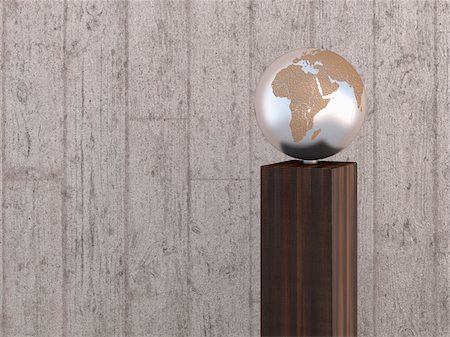 round object with reflection - Illustration of metal globe on wooden stand, showing Africa, Europe and Asia, studio shot on grey, wooden background Stock Photo - Premium Royalty-Free, Code: 600-07311007