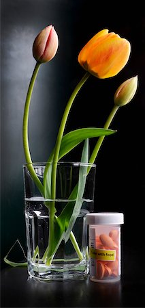 Close-up of water glass with tulips and bottle of pills, medication, studio shot on black background Photographie de stock - Premium Libres de Droits, Code: 600-07529010