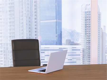 empty desk in office - Digital Illustration of Desk with Arm Chair and Laptop in front of Skyline Stock Photo - Premium Royalty-Free, Code: 600-07541334