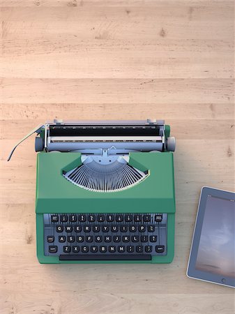 desk directly above - Digital Illustration of Old Typewriter and Modern Tablet Computer on Wooden Desk Stock Photo - Premium Royalty-Free, Code: 600-07584851