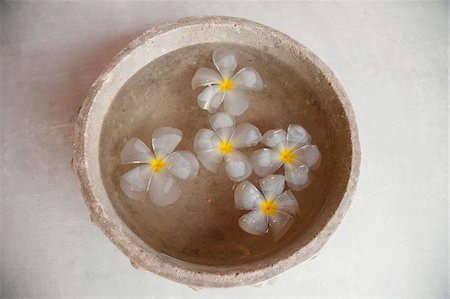 simsearch:632-05992311,k - White Flowers Floating in Water in Stone Bowl Foto de stock - Sin royalties Premium, Código: 600-07591302