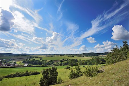 photos of sky - Wide Angle View of Landscape with Fields, Forests and Hills, Upper Palatinate, Bavaria, Germany Stock Photo - Premium Royalty-Free, Code: 600-07708387