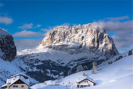 simsearch:600-06758344,k - Houses on mountainside, Saslong and Sella Group, Val Gardena, Bolzano District, Trentino Alto Adige, Dolomites, Italy Stock Photo - Premium Royalty-Free, Code: 600-07745047