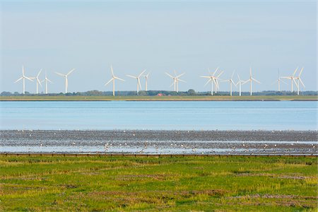 east frisian islands - Marshland with North Sea and Wind Turbines, Norderney, East Frisia Island, North Sea, Lower Saxony, Germany Foto de stock - Sin royalties Premium, Código: 600-07945256