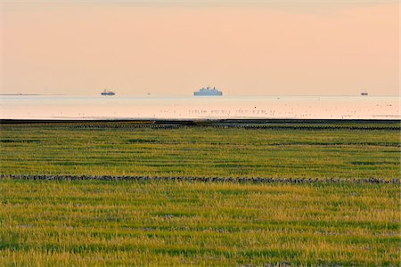 east frisia - Marshland with North Sea and Ships at sunset, Norderney, East Frisia Island, North Sea, Lower Saxony, Germany Photographie de stock - Premium Libres de Droits, Code: 600-07945258