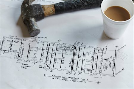 Home Renovation Still Life with Hammer, Blueprint and Styrofoam Coffee Cup Stock Photo - Premium Royalty-Free, Code: 600-07958199