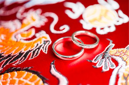 east asian (places and things) - Close-up of Wedding Rings on Traditional Chinese Printed Fabric Stock Photo - Premium Royalty-Free, Code: 600-07991596