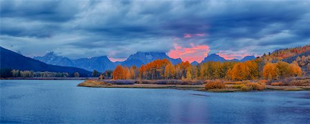 Oxbow Bend on Snake River with Mount Moran in Autumn at Sunset, Grand Teton Mountains, Grand Teton National Park, Jackson, Wyoming, USA Foto de stock - Sin royalties Premium, Código: 600-08002245