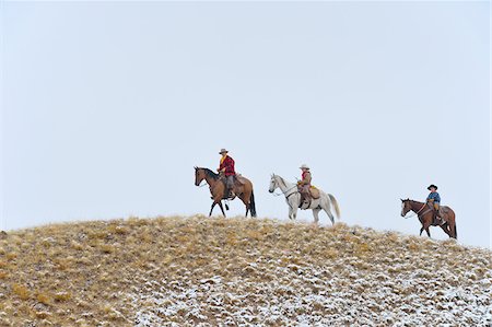 simsearch:600-04625303,k - Cowboy with Two Young Cowboys riding along Horizon with Snow, Rocky Mountains, Wyoming, USA Foto de stock - Sin royalties Premium, Código: 600-08026176