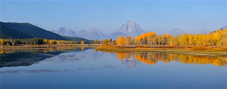 Oxbow Bend of Snake River with Mt Moran and American Aspens (Populus tremuloides) in Autumn Foliage, Grand Teton National Park, Wyoming, USA Stock Photo - Premium Royalty-Free, Code: 600-08082878