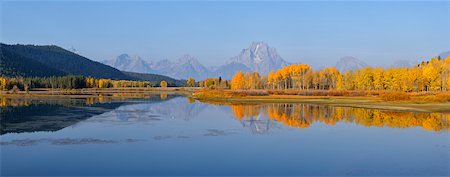 seasons changing - Oxbow Bend of Snake River with Mt Moran and American Aspens (Populus tremuloides) in Autumn Foliage, Grand Teton National Park, Wyoming, USA Stock Photo - Premium Royalty-Free, Code: 600-08082878