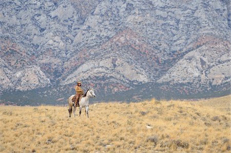 Cowgirl riding horse in wilderness, Rocky Mountains, Wyoming, USA Foto de stock - Sin royalties Premium, Código: 600-08171762