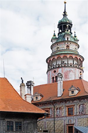 european gothic architecture castle - Close-up of tower, Cesky Krumlov Castle, Cesky Krumlov, Czech Republic. Stock Photo - Premium Royalty-Free, Code: 600-08232165