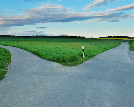 strassengabelung - Forked Country Road in Morning, Walldurn, Neckar-Odenwald-District, Odenwald, Baden-Wurttemberg, Germany Stockbilder - Premium RF Lizenzfrei, Bildnummer: 600-08353529