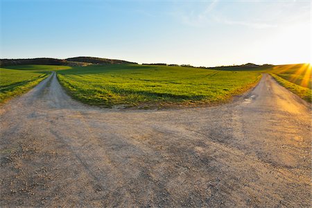 sunset farm - Forked Road in Field with Sun, Birkenfeld, Lower Franconia, Bavaria, Germany Stock Photo - Premium Royalty-Free, Code: 600-08353522