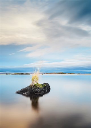 foreground - Boulder with grass growing on it in the middle of the calm waters of Myvatn Lake in Northeast Iceland Stock Photo - Premium Royalty-Free, Code: 600-08765601