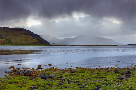 simsearch:600-08986448,k - Rainclouds over the grassy shoreline and hills along the Scottish coast near Eilean Donan Castle and Kyle of Lochalsh in Scotland, United Kingdom Foto de stock - Sin royalties Premium, Código: 600-08986490